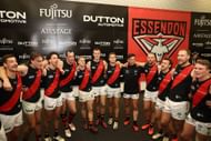 The Bombers sing the club song after winning the round eight AFL match between West Coast Eagles and Essendon Bombers